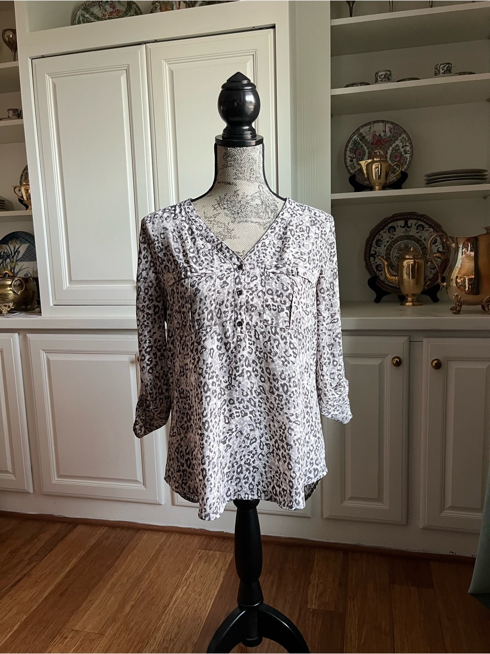 Maurices White and Gray Leopard Print V-Neck Blouse